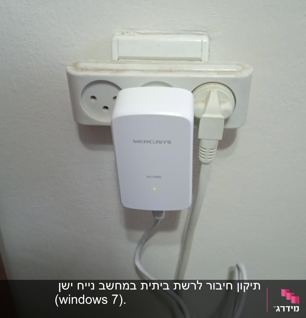 מתאם רשת MERCUSYS מחובר לשקע חשמל בקיר